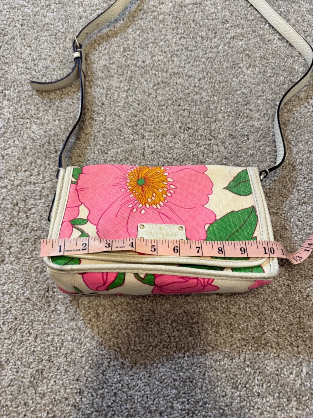 Kate Spade Cream Pink Floral Canvas Woven Leather Crossbody‎ Bag Purse Summer